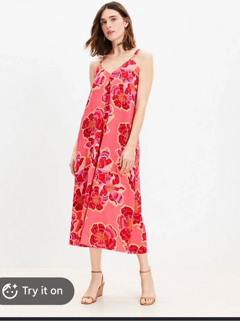 LOFT Pink Textured Floral Linen Blend Maxi Dress Fresh Guava Print Size 14